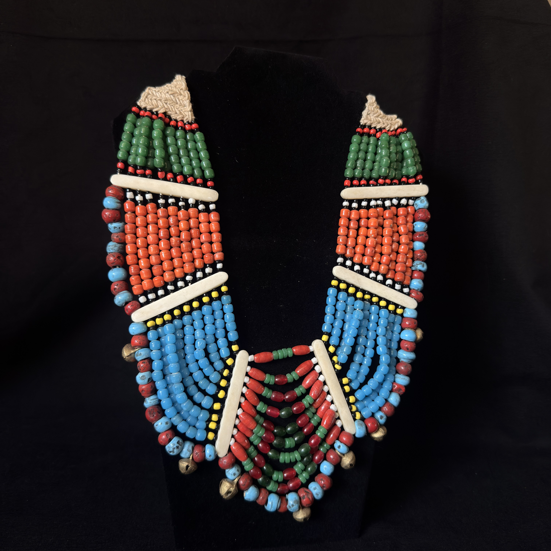 Multicolor geometric beadwork bib necklace
