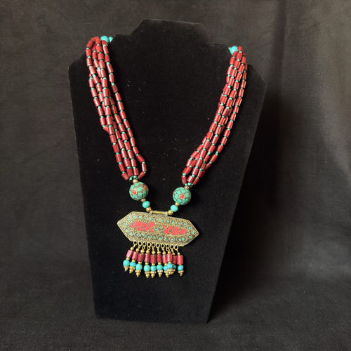Red turquoise colored multistrand pendant necklace