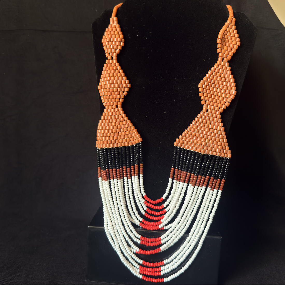 Orange black white layered beadwork statement necklace