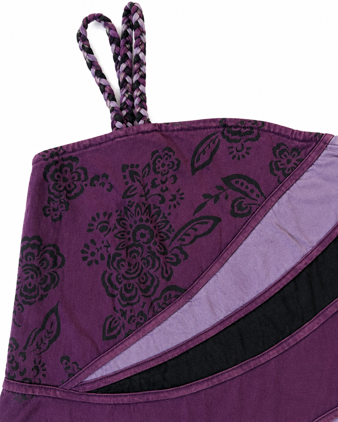 Purple Braided-Strap Patchwork Cotton Cami Top