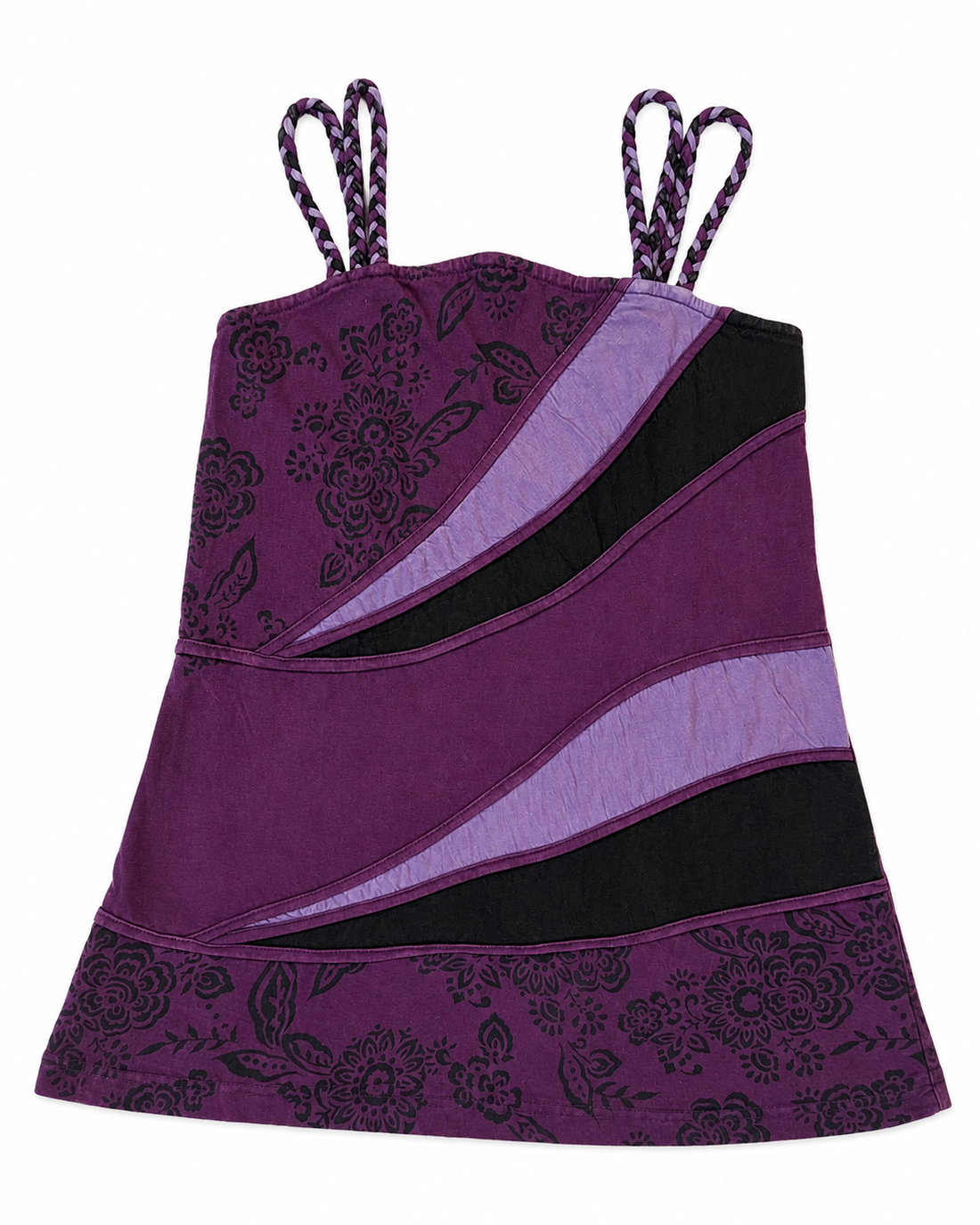 Purple Braided-Strap Patchwork Cotton Cami Top