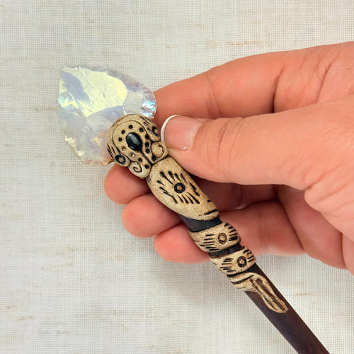 Handmade white opalite spear hair stick with dark accent stone