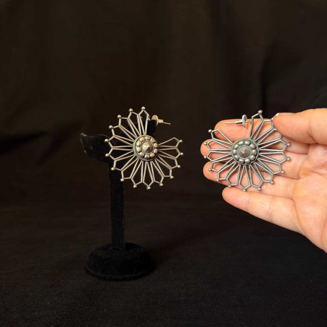 Oxidized brass wire sunburst statement earrings