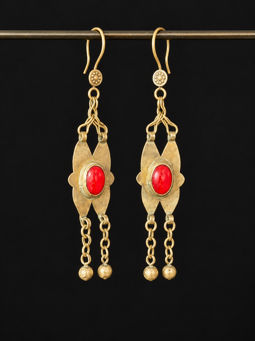 Vintage Red Glass Shield Drop Earrings