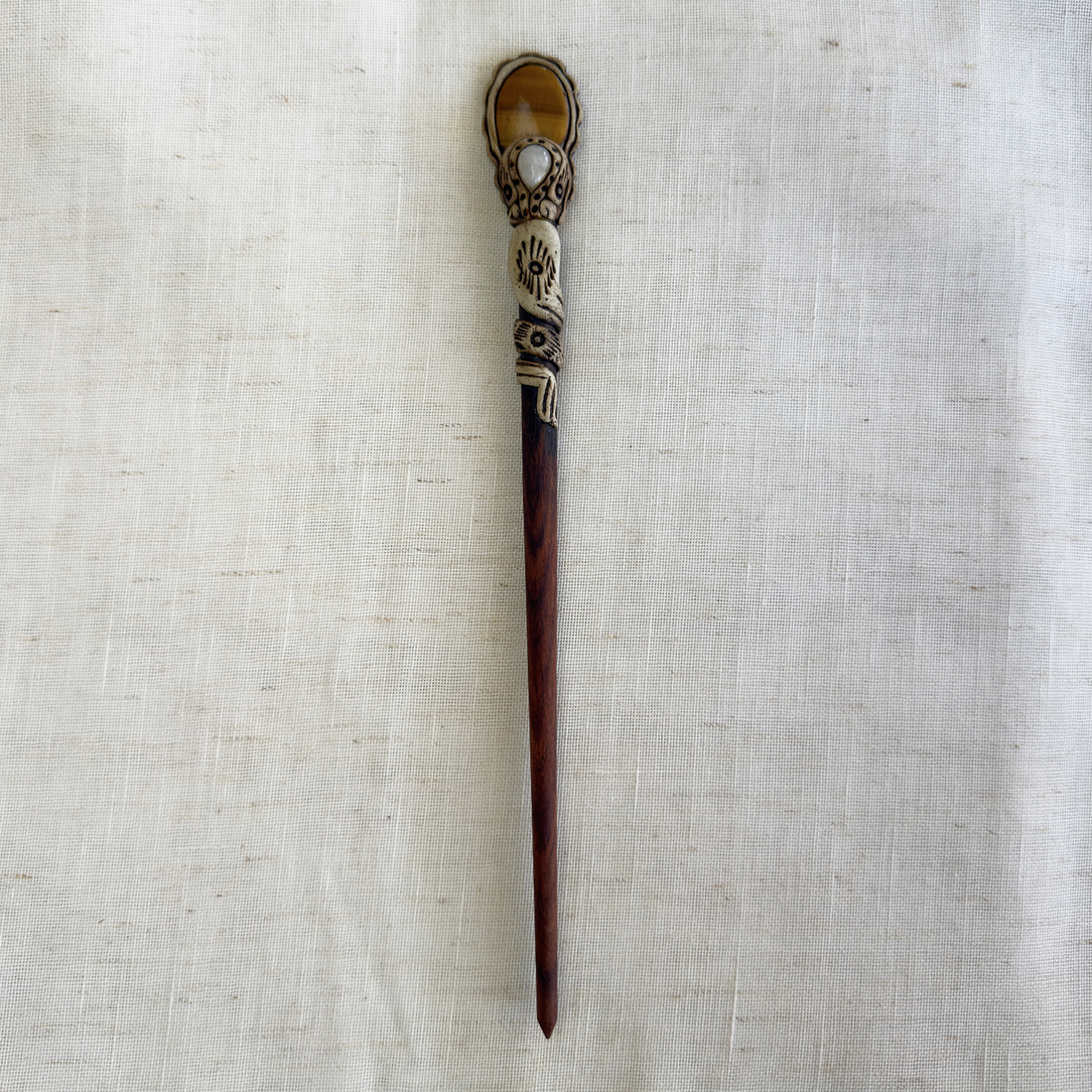 Natural Stone Wooden Hair Bun Stick – Moonstone, Labradorite, Tiger’s Eye & Quartz