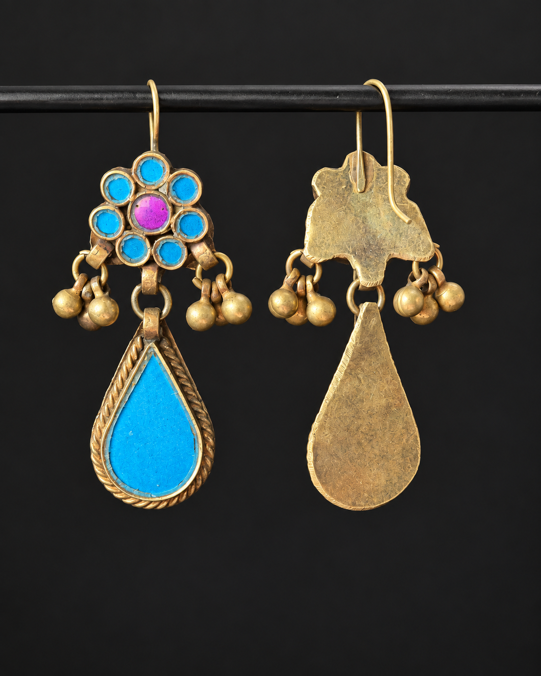 Turquoise-Blue Rosette & Teardrop Dangle Earrings