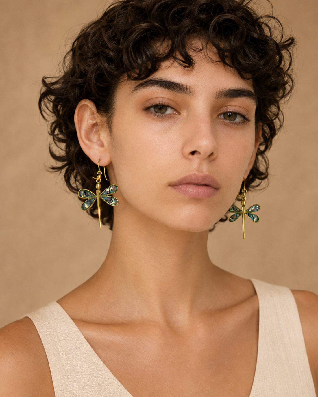 Abalone Shell Dragonfly Statement Earrings – Brass