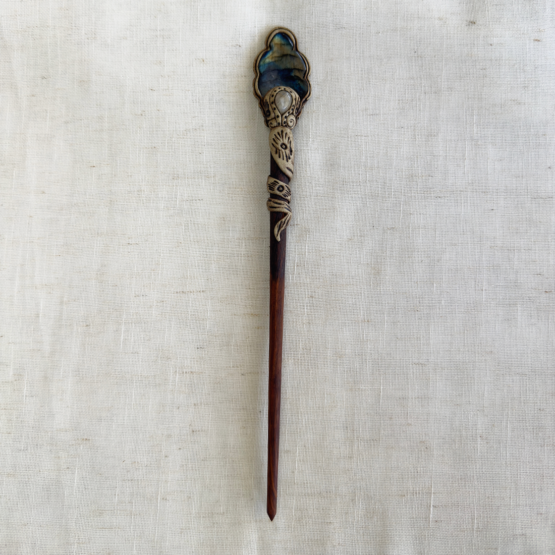 Natural Stone Wooden Hair Bun Stick – Moonstone, Labradorite, Tiger’s Eye & Quartz