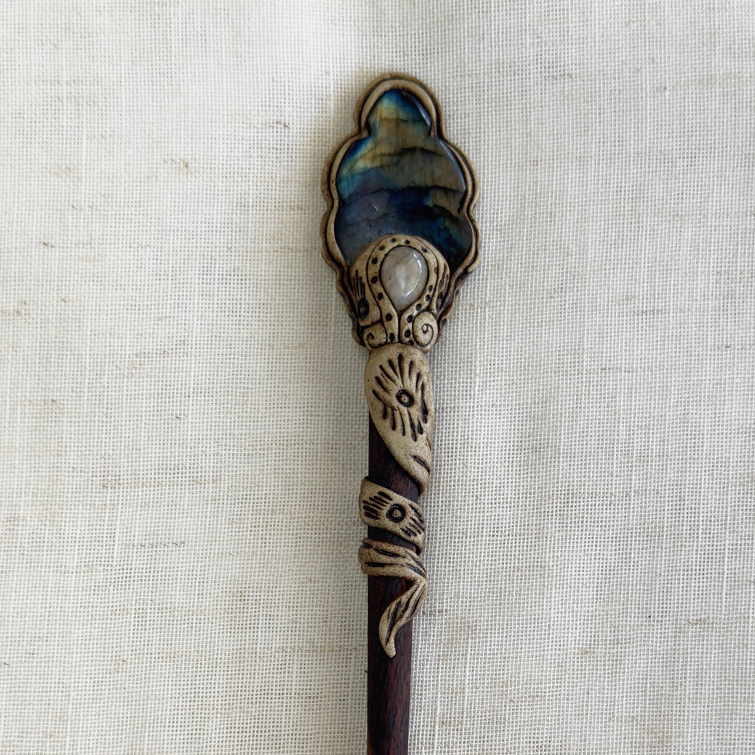 Natural Stone Wooden Hair Bun Stick – Moonstone, Labradorite, Tiger’s Eye & Quartz