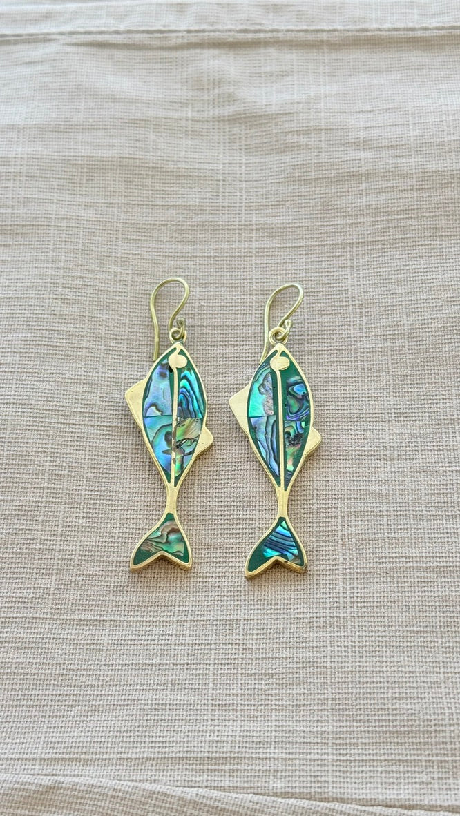 Abalone Shell Fish Statement Earrings – Brass