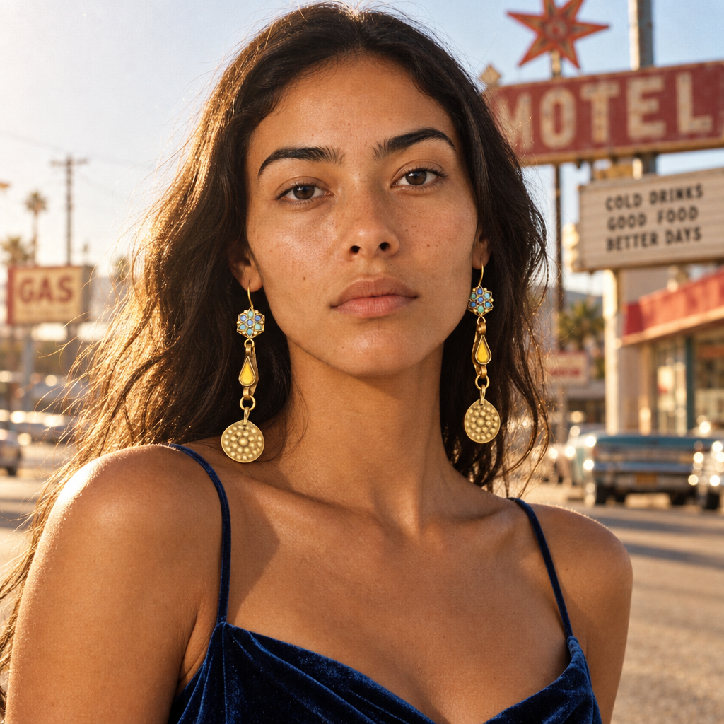 Vintage Blue Rosette & Yellow Medallion Drop Earrings
