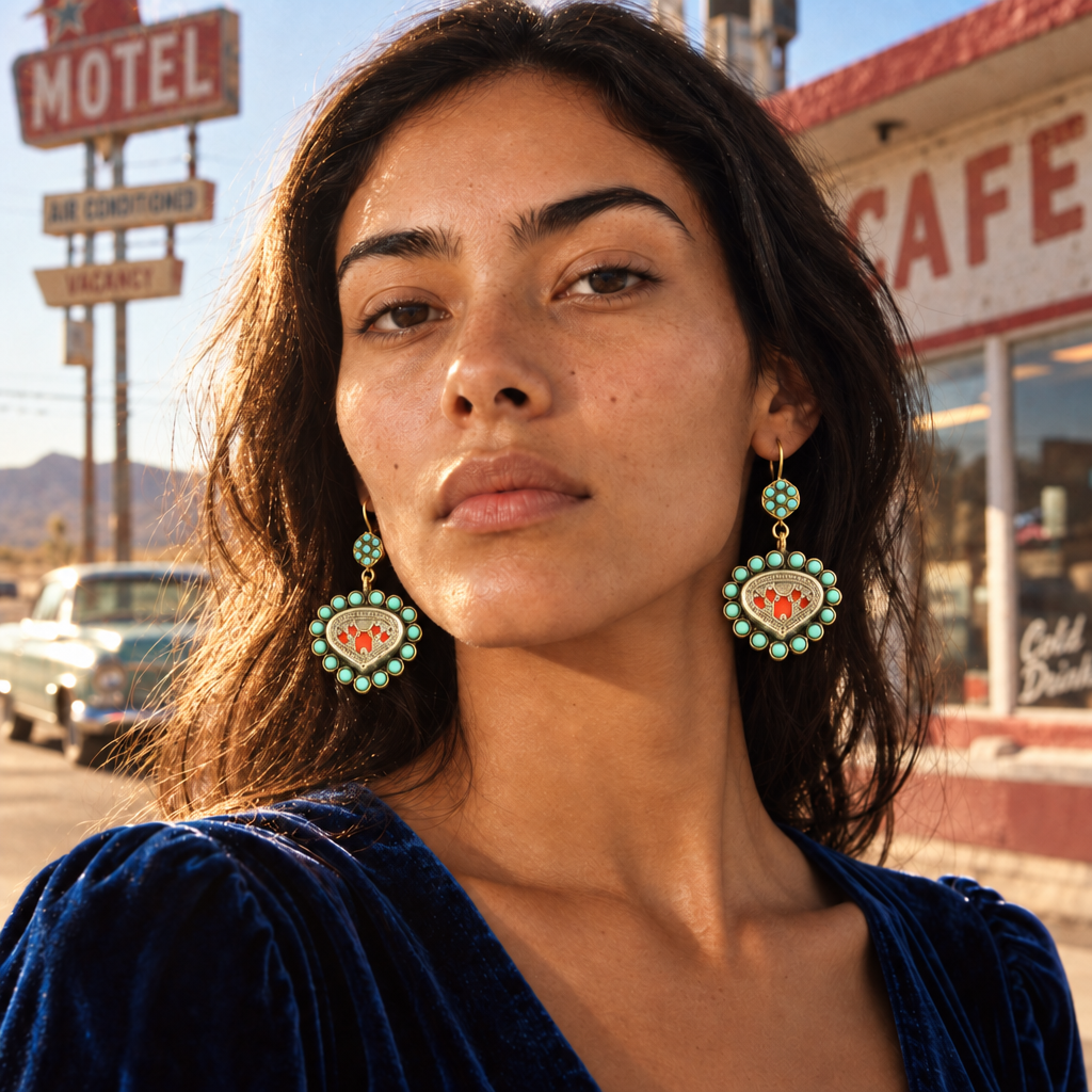 Mini Turquoise Halo & Red Medallion Earrings