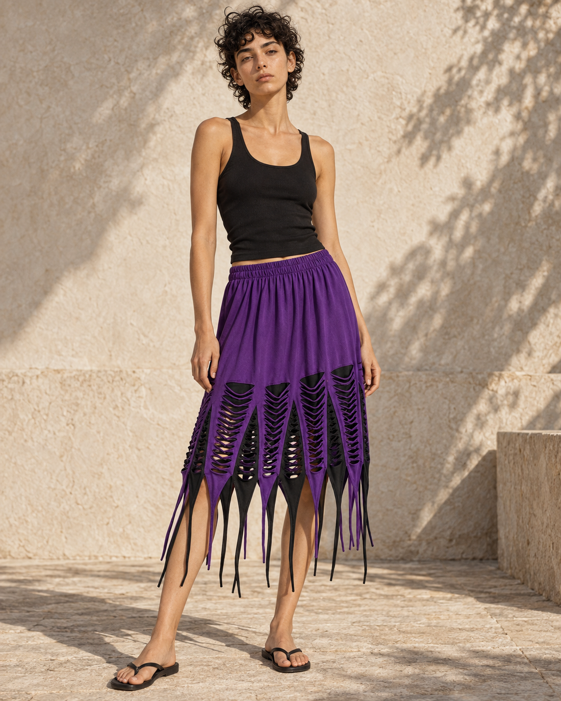 Purple & Black Shredded Cutout Statement Skirt