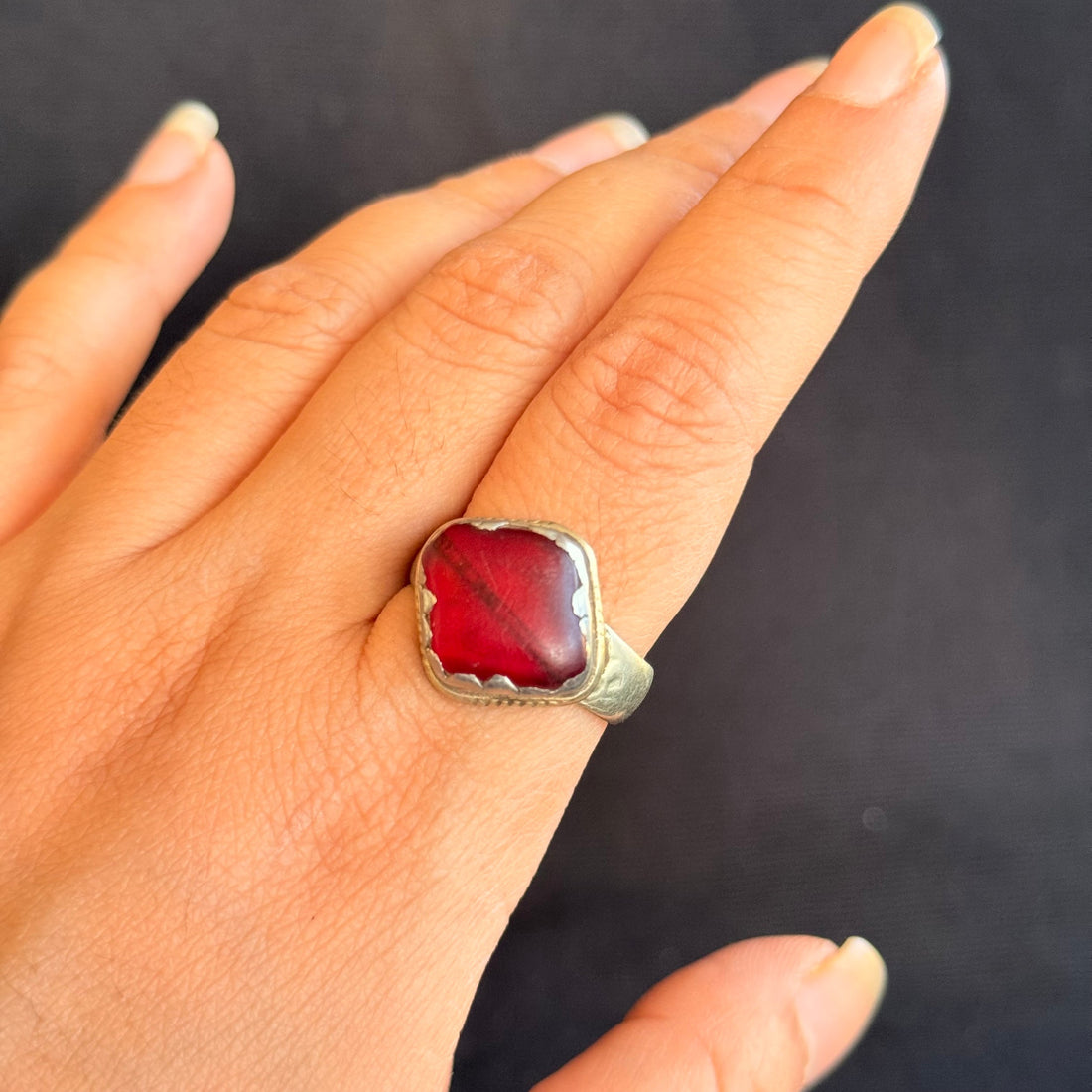 Vintage Red Glass Geometric Signet Ring
