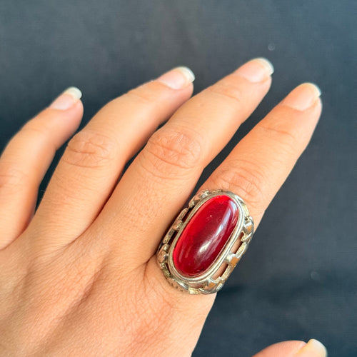 Vintage Large Ruby-Red Cabochon Openwork Ring