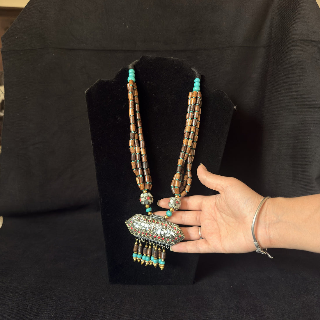 Tibetan Brown & Turquoise-Color Mosaic Pendant Necklace