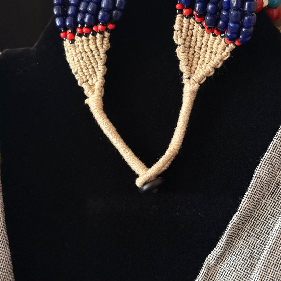 Cobalt & Rust Geometric Beadwork Bib Necklace
