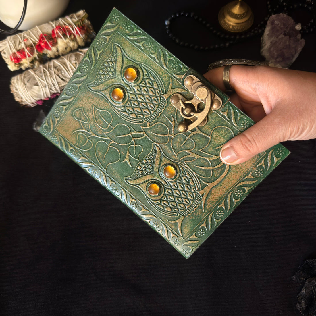 Green Owl Stone Leather Journal
