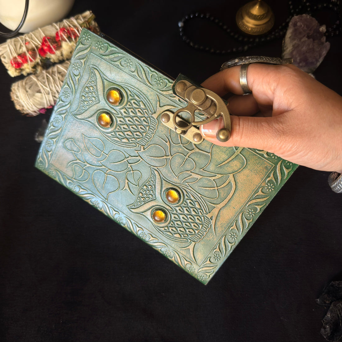 Green Owl Stone Leather Journal