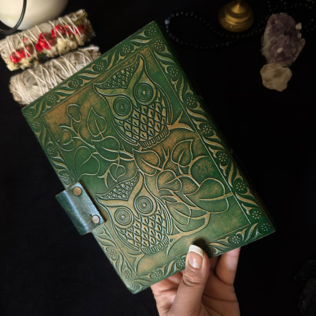 Green Owl Stone Leather Journal