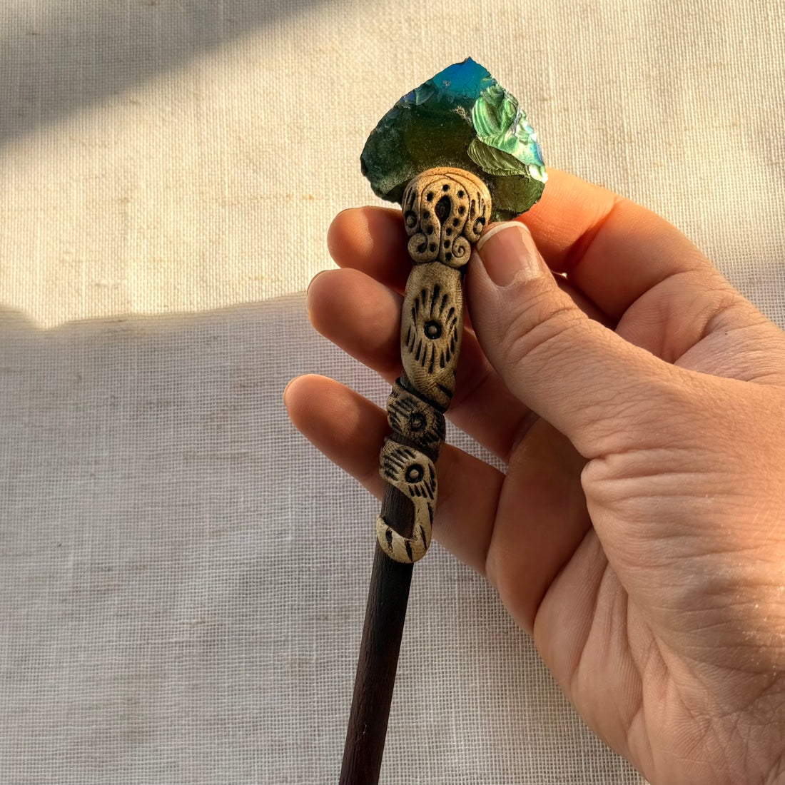 Titanium Aura Obsidian Arrowhead Wooden Hair Stick