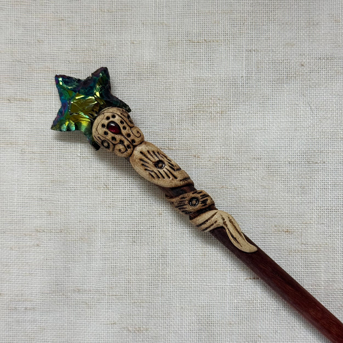 Titanium Aura Obsidian Star Wooden Hair Stick