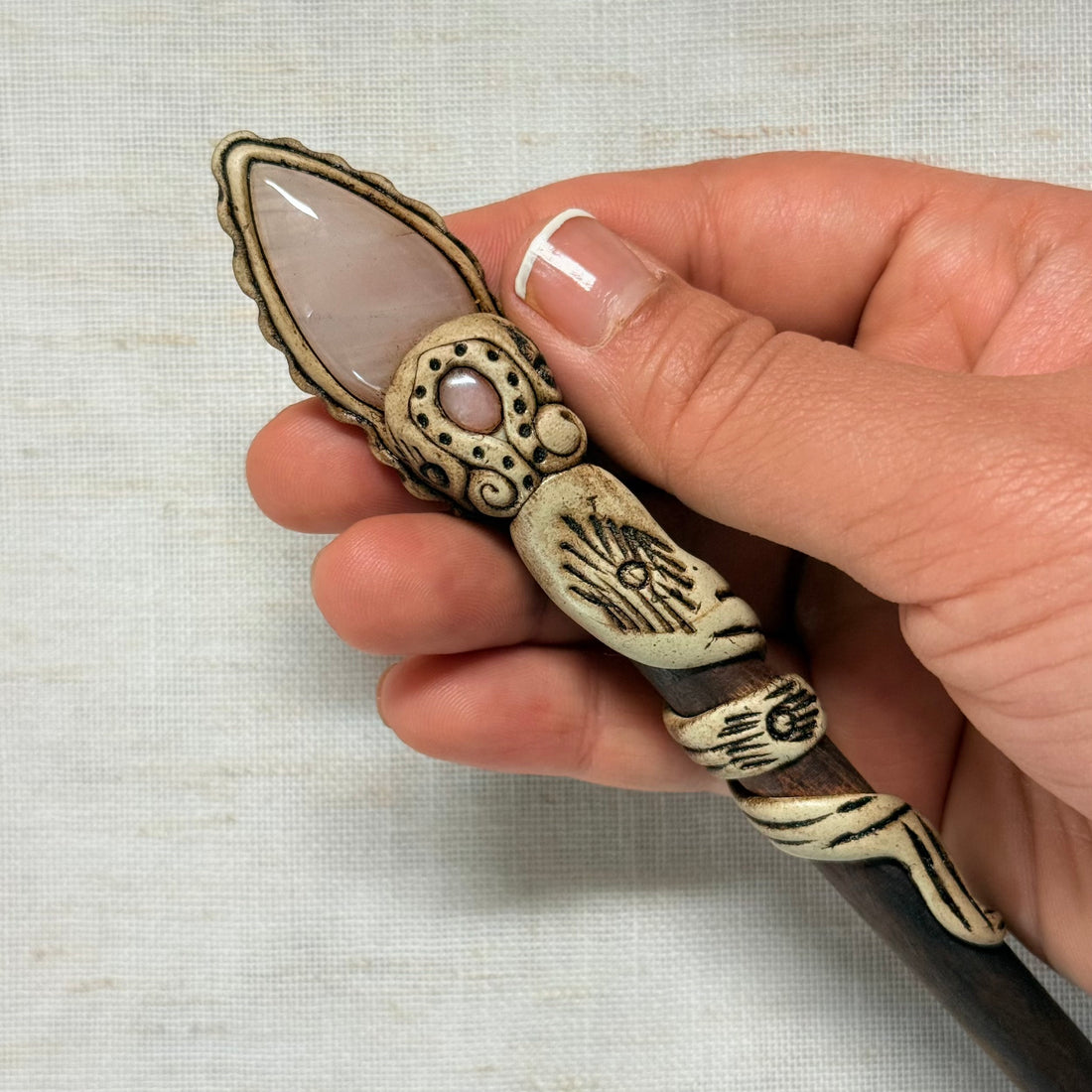 Rose Quartz Teardrop Wooden Hair Stick