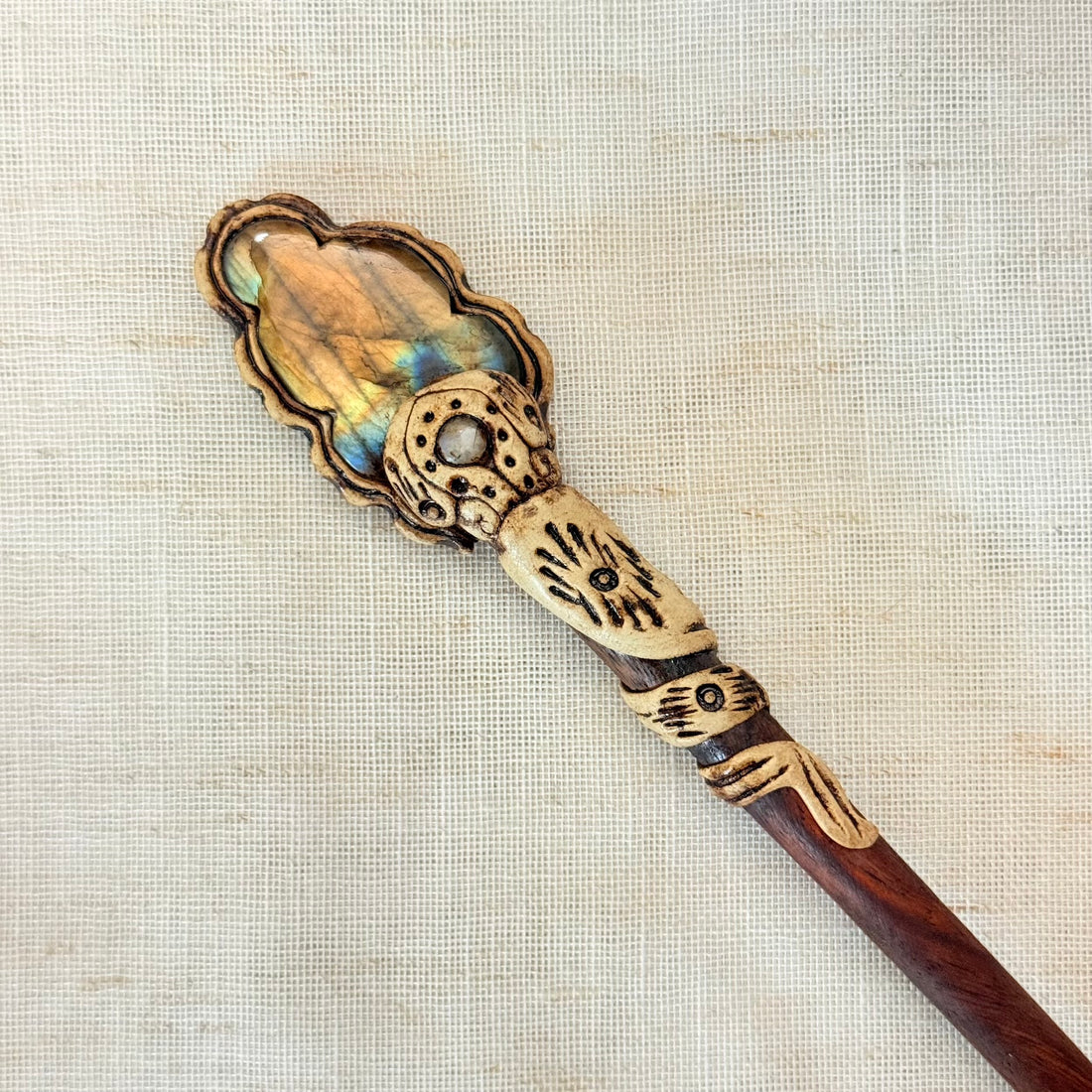 Natural Stone Wooden Hair Bun Stick – Moonstone, Labradorite, Tiger’s Eye & Quartz