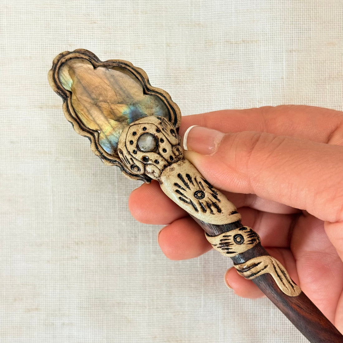 Natural Stone Wooden Hair Bun Stick – Moonstone, Labradorite, Tiger’s Eye & Quartz