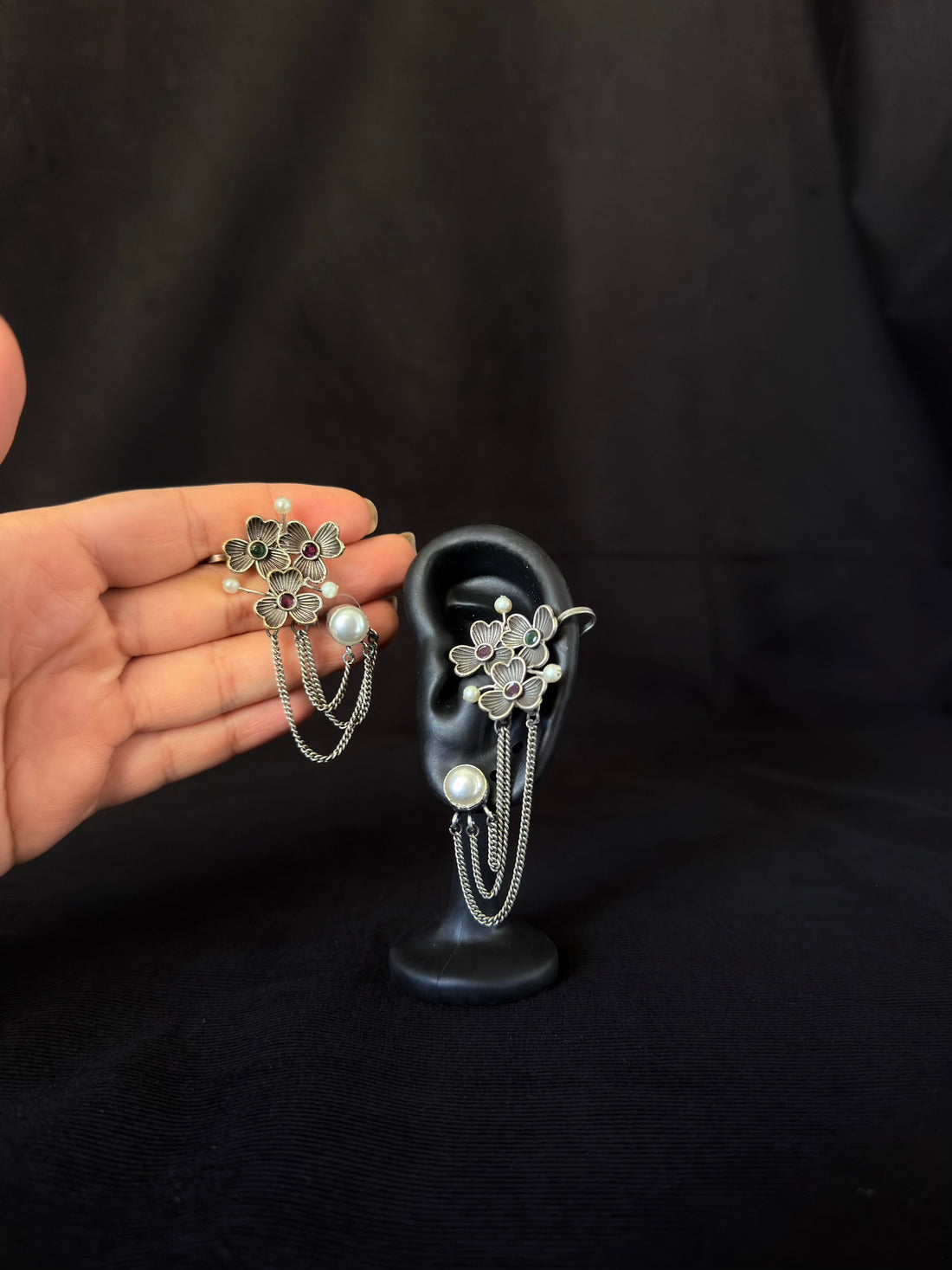 Floral Pearl Ear Cuff Chain Earrings