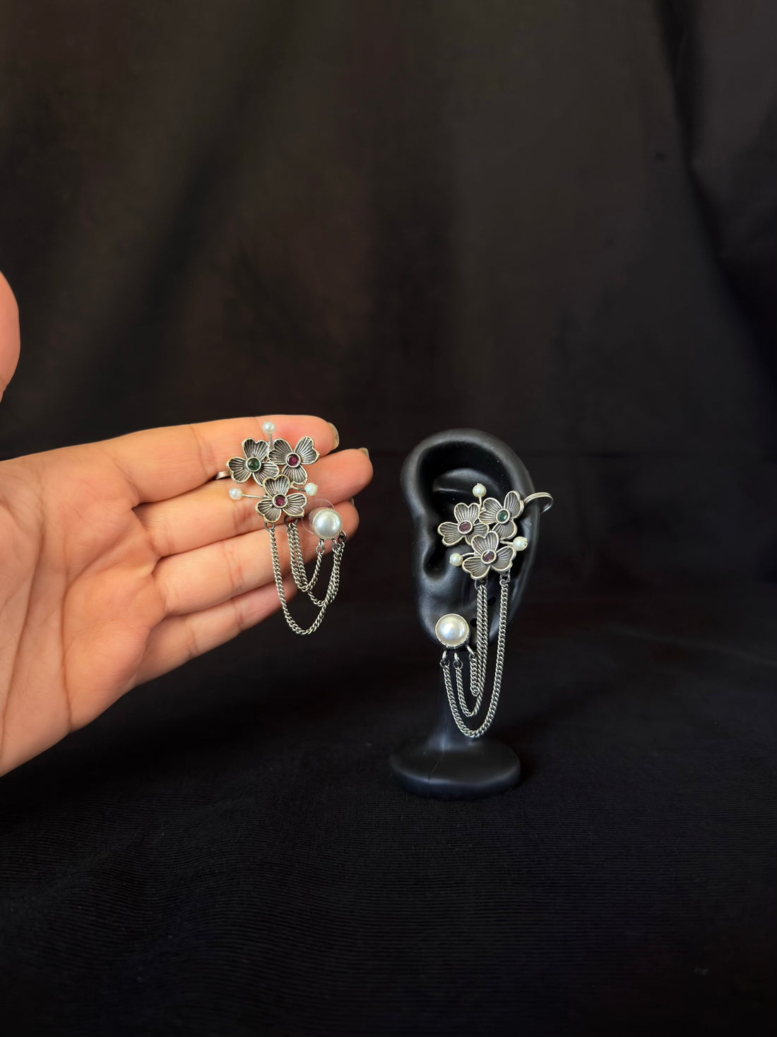 Floral Pearl Ear Cuff Chain Earrings