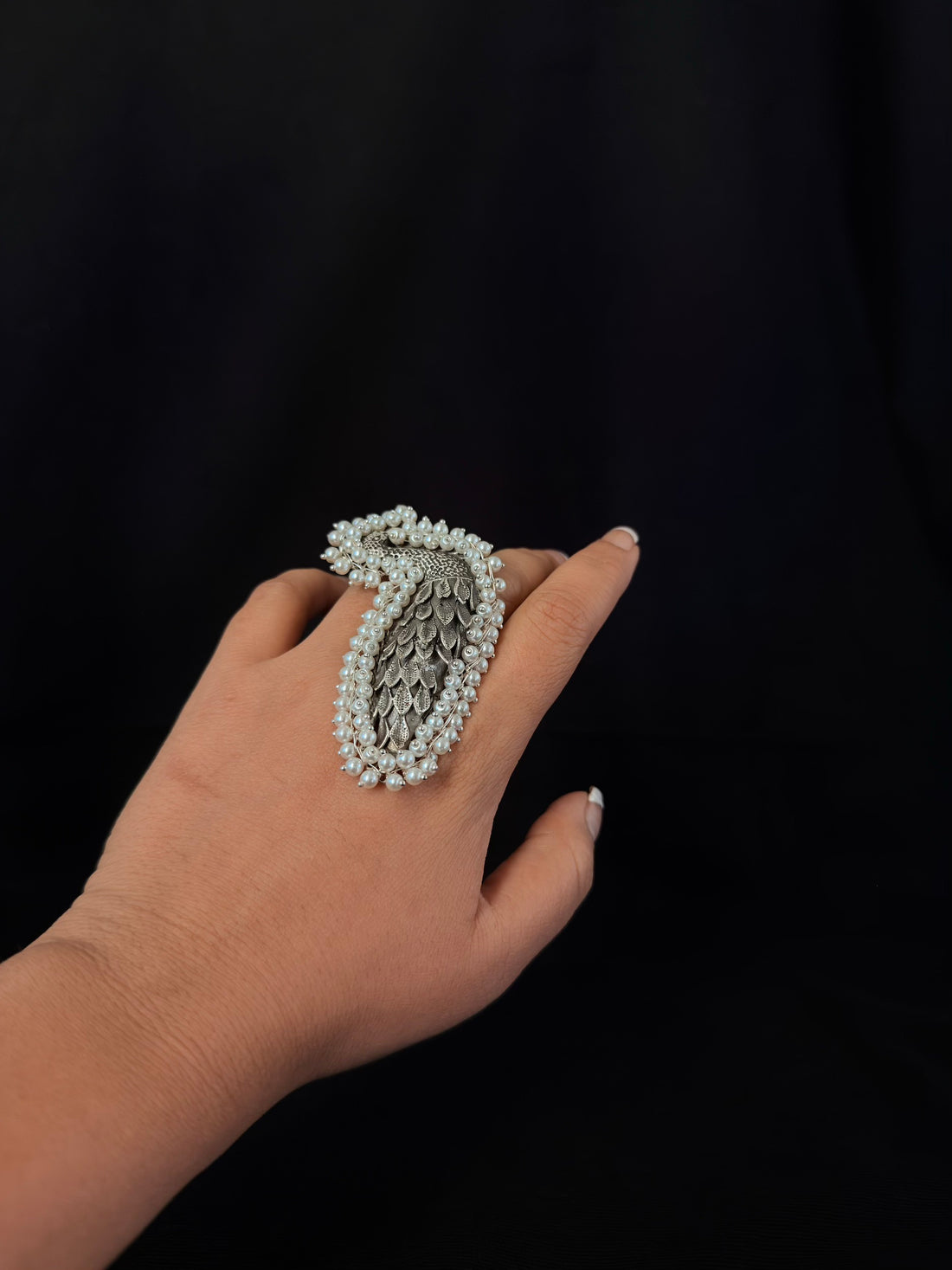 Pearl-Framed Feather Statement Ring