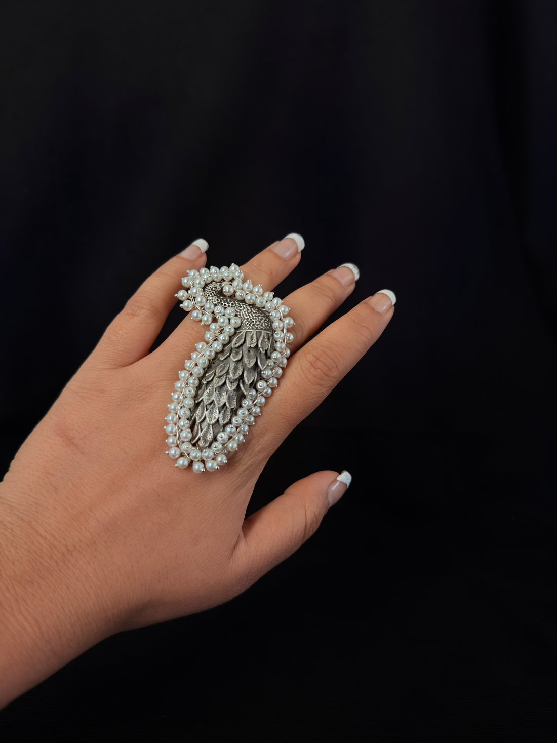 Pearl-Framed Feather Statement Ring