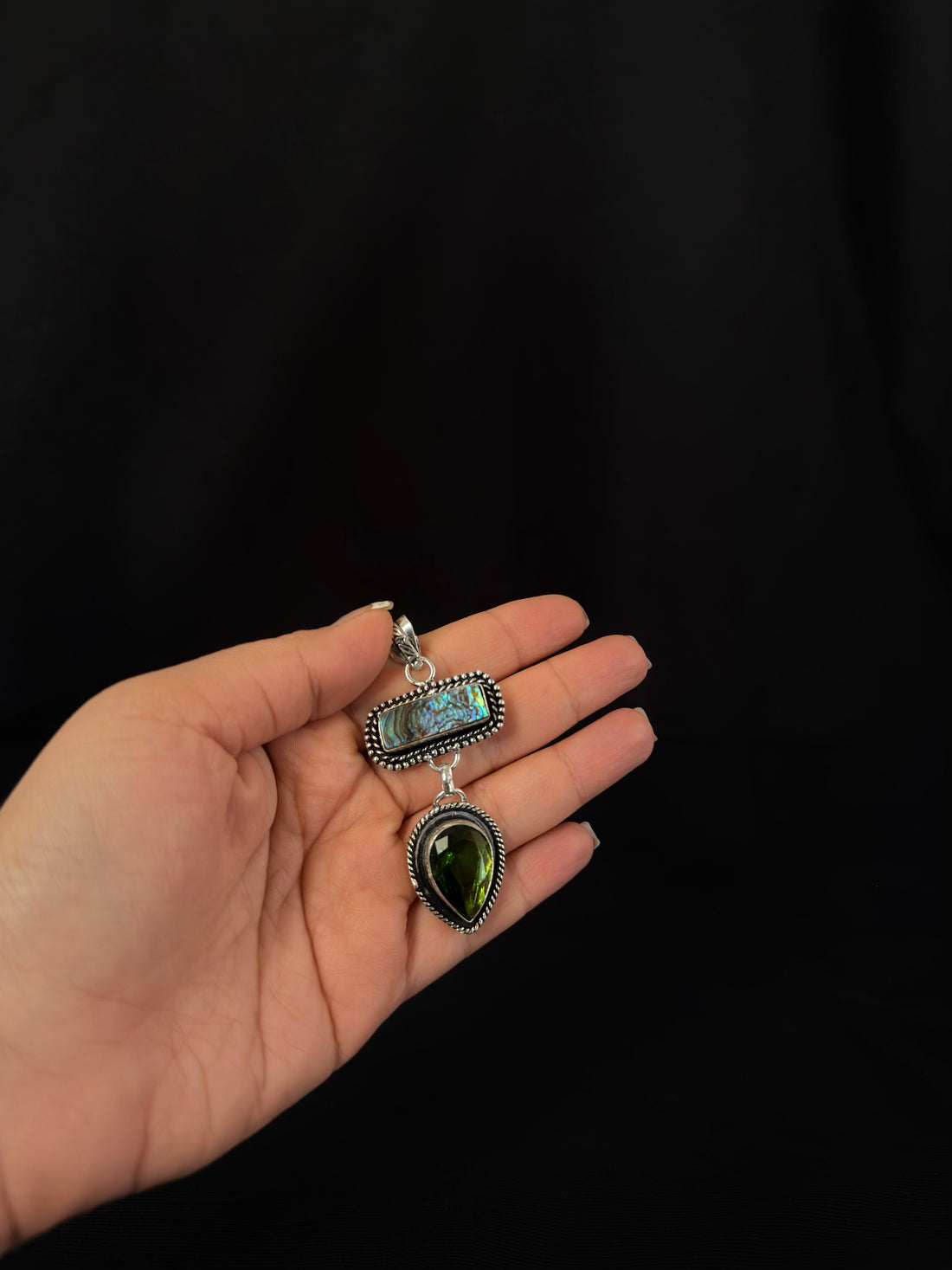 Abalone & Green Stone Drop Pendant