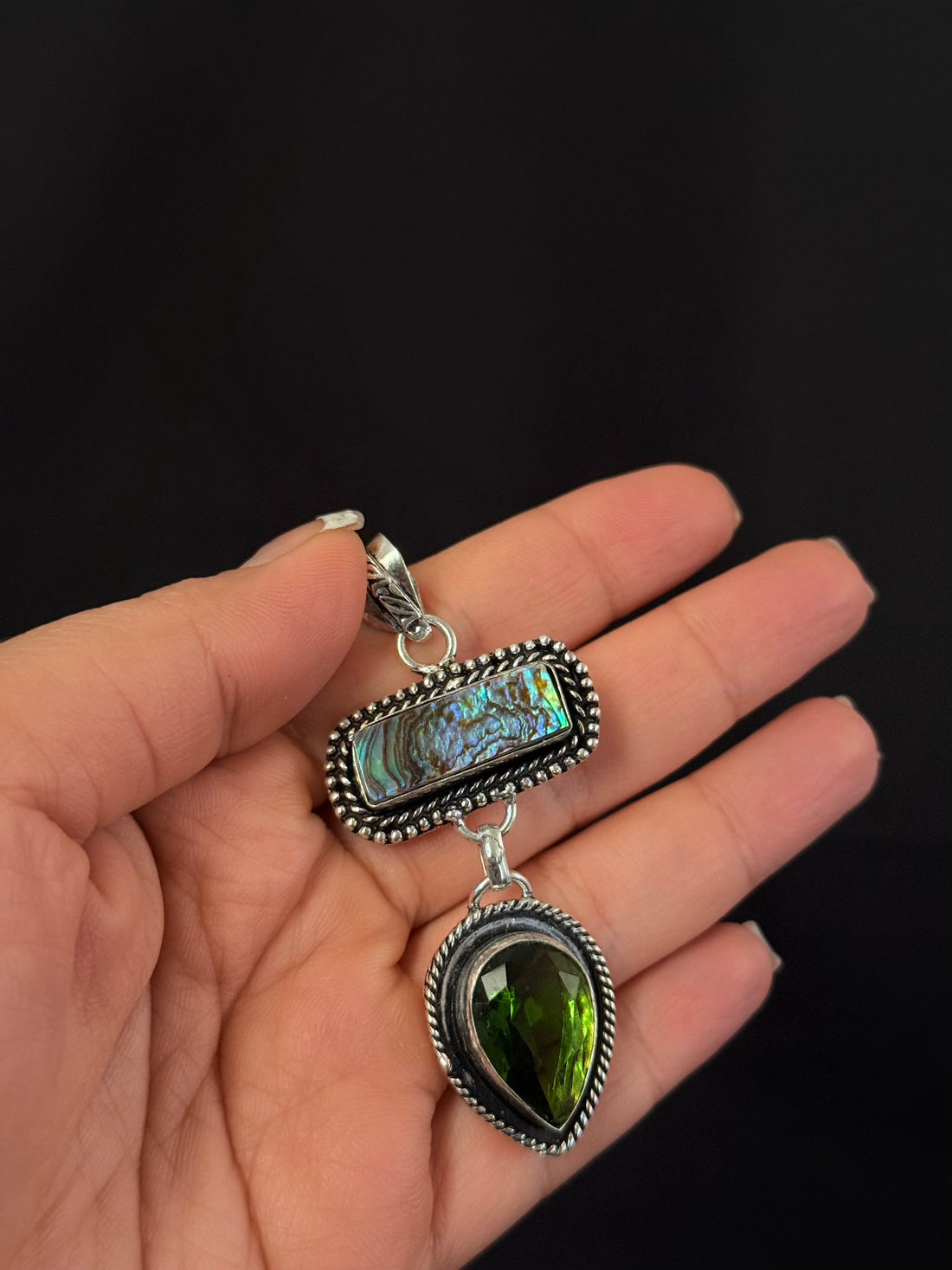Abalone & Green Stone Drop Pendant