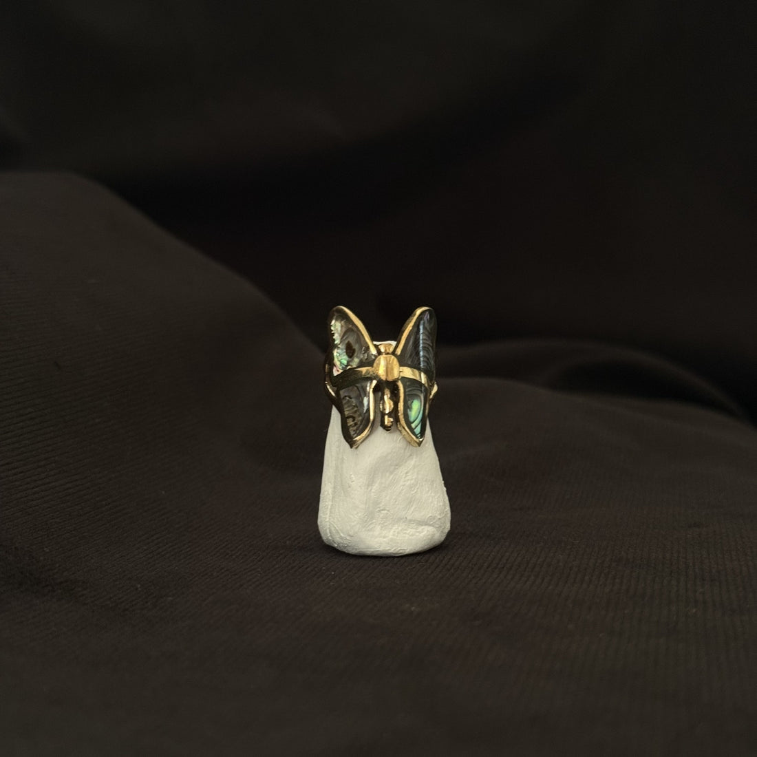 Brass butterfly statement ring with abalone shell wings