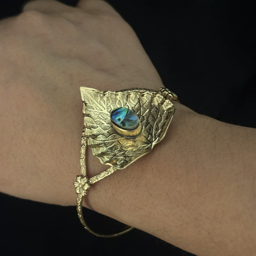 Textured brass leaf cuff bracelet with round abalone shell accent
