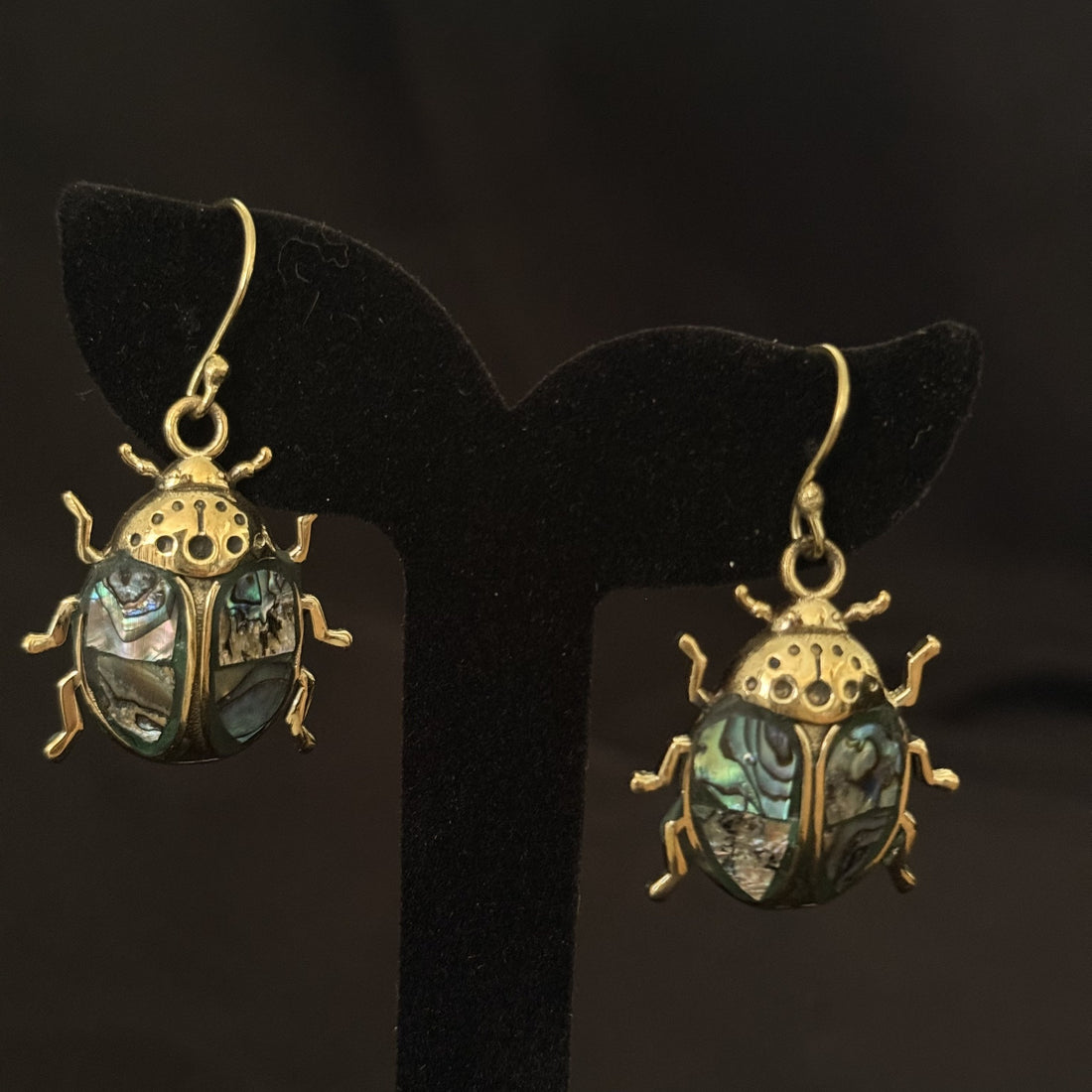 Brass beetle statement earrings with abalone shell wings