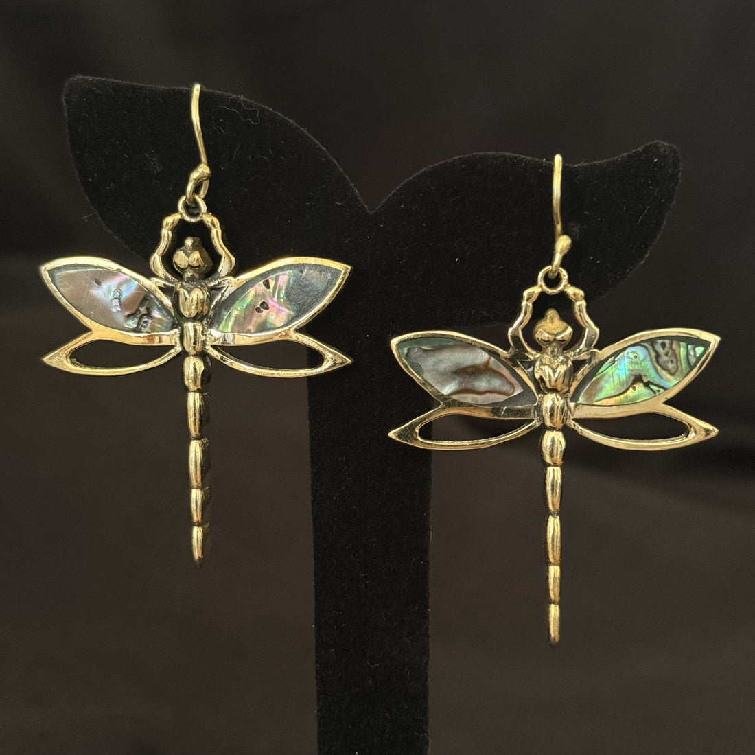 Brass dragonfly earrings with abalone shell wings
