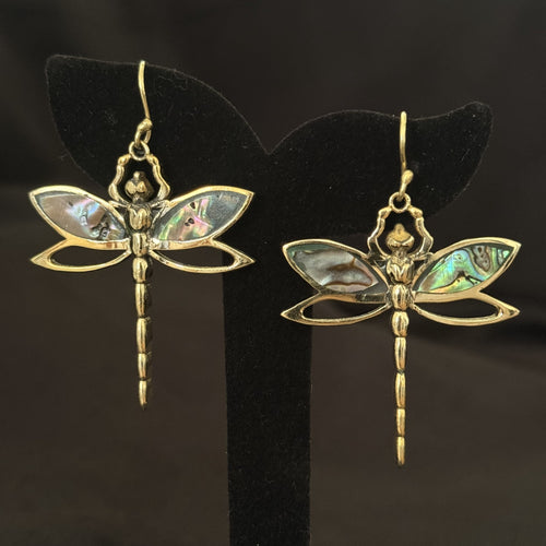 Brass dragonfly earrings with abalone shell wings