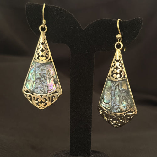 Large ornate brass teardrop earrings with abalone shell