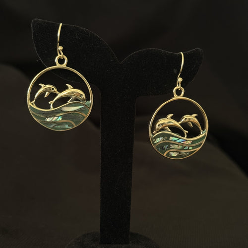 Round brass dolphin earrings with abalone shell wave inlay
