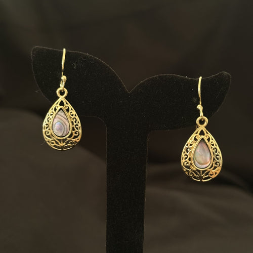 Petite ornate brass teardrop earrings with abalone shell