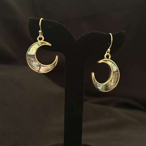 Brass crescent moon earrings with abalone shell inlay