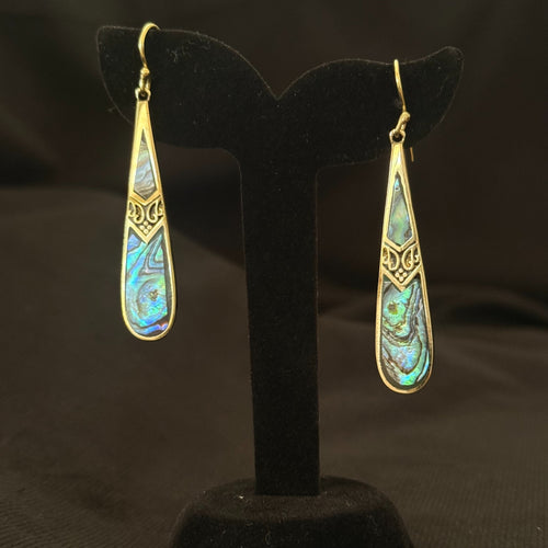 Double-panel abalone shell teardrop statement earrings with brass scrollwork