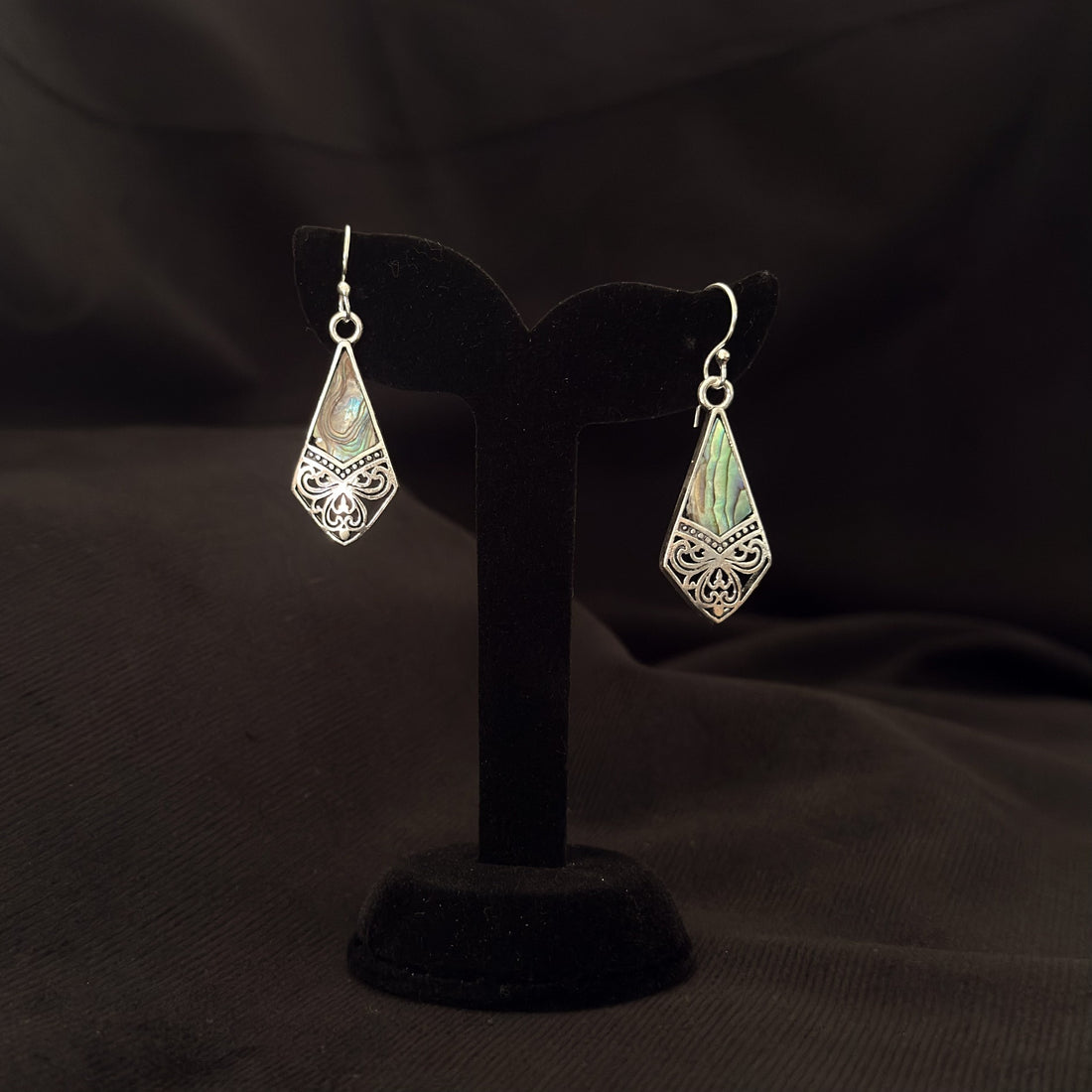 Silver-tone pointed diamond abalone drop earrings