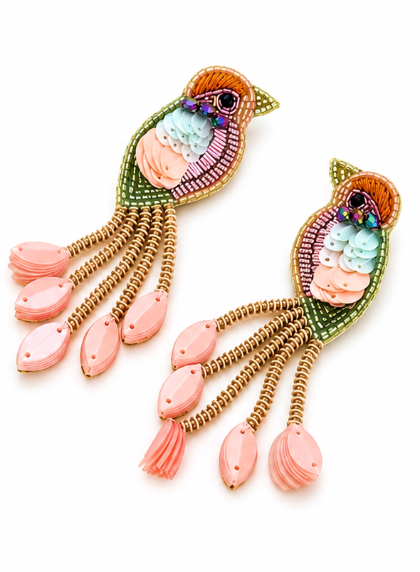 Beaded Orange Bird Statement Earrings