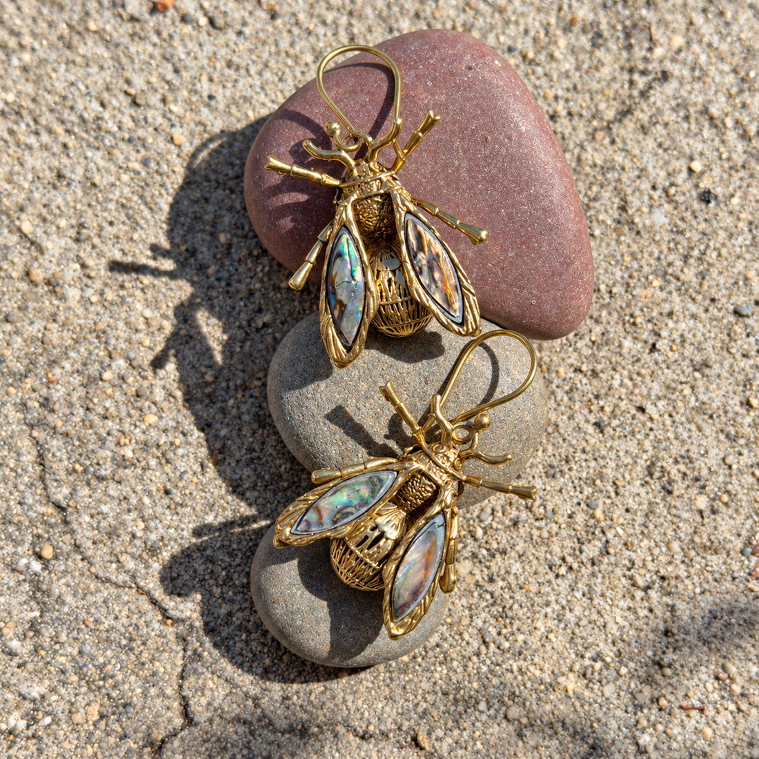 Abalone Shell Bee Statement Earrings – Brass