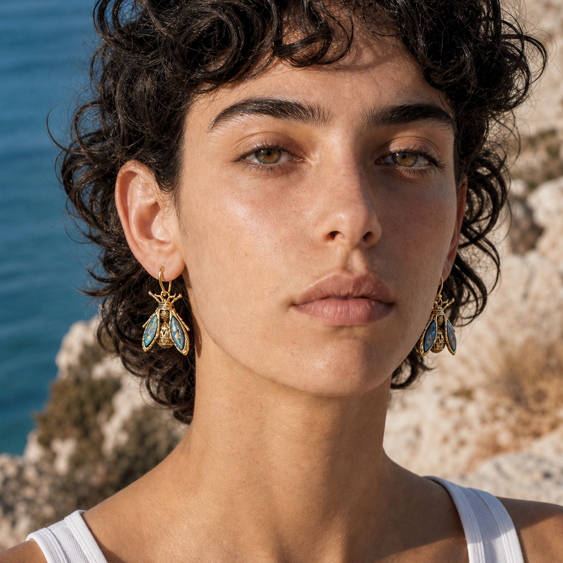 Abalone Shell Bee Statement Earrings – Brass