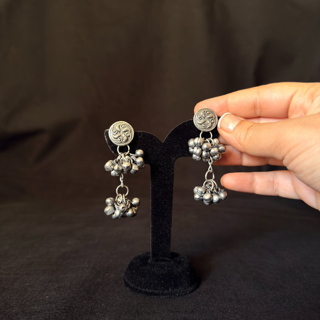 Oxidized brass cluster bell statement earrings